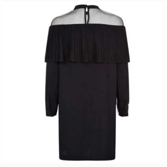 Maje Remia Pleated Illusion Neckline Long Sleeve Shift Dress Navy - Picture 6 of 6